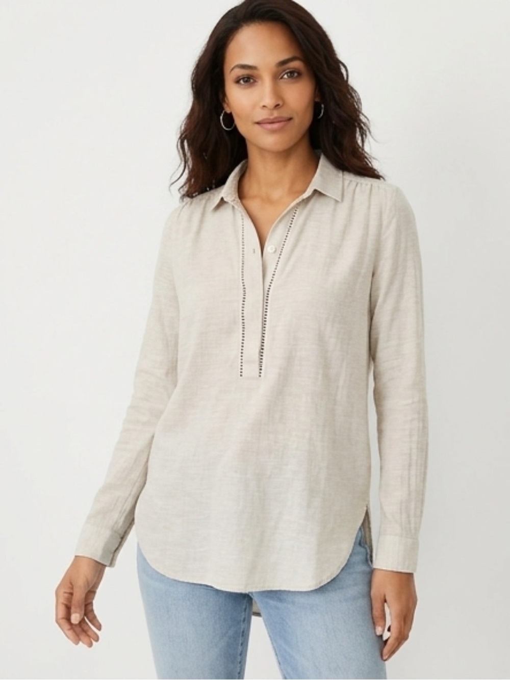 LOFT Linen Blend Popover Blouse XS Neutral Boho Lightweight Airy Tunic
